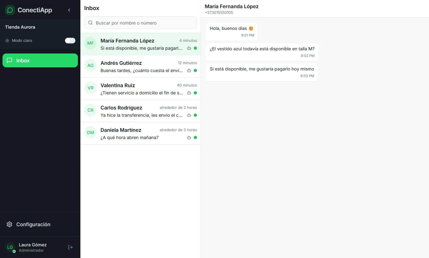 Inbox de ConectiApp con las conversaciones de los clientes